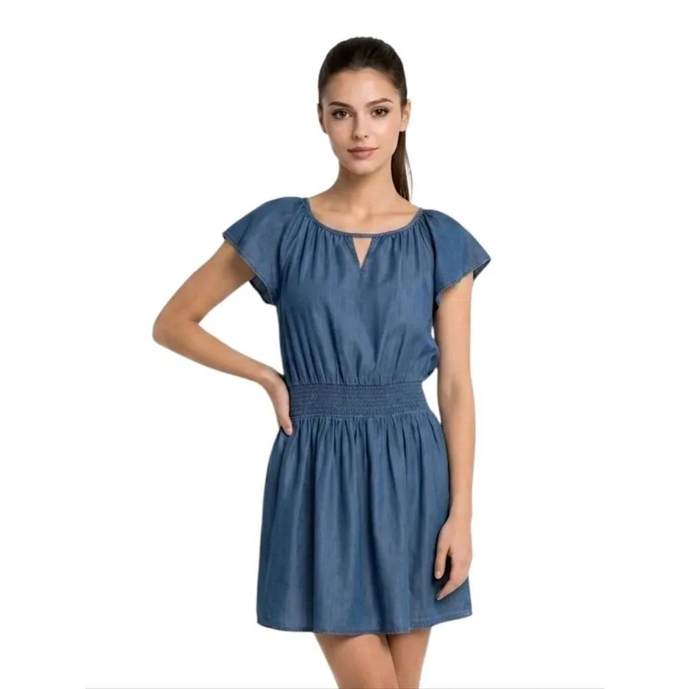 Frye And Co. Chambray Flutter Sleeve Smocked Mini Dress Size L